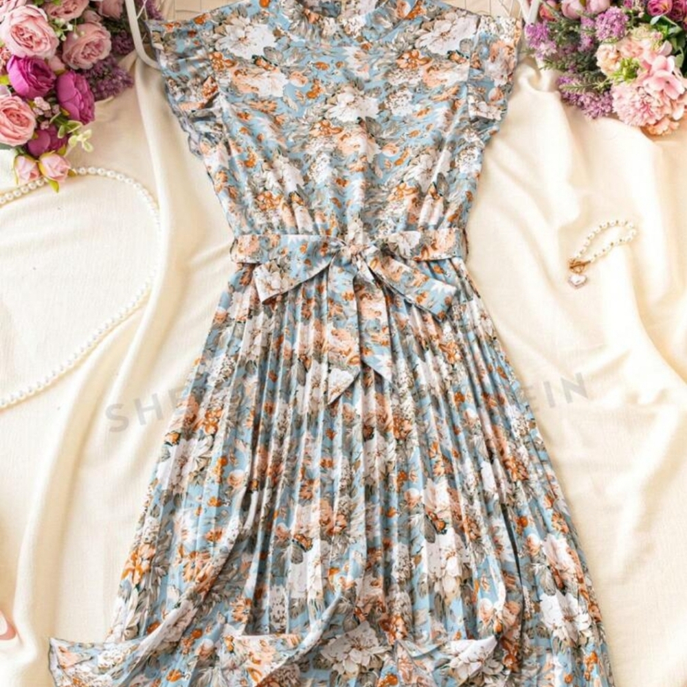 Frenchy Floral Print Stand Collar Pleated Waist Holiday Dress - Picture 2 of 6